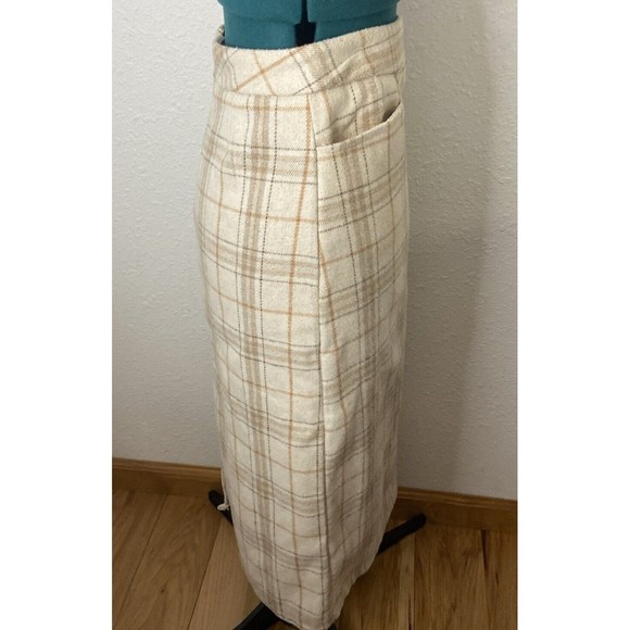 High Waist Beige Cream Brown Plaid Midi Skirt Size Med Lined And With Pockets - Picture 3 of 10
